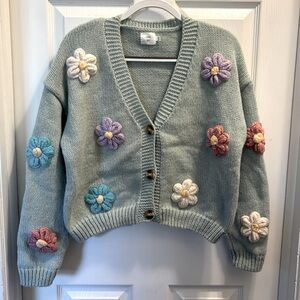 Sage green Luna Ivy cardigan with flower details. Size Medium